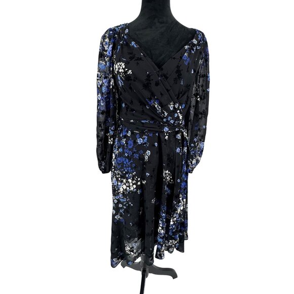 DKNY Y2K Floral Velvet Burnout Faux Wrap Dress Womens Size 10 Empire Waist Flowy - Picture 3 of 8